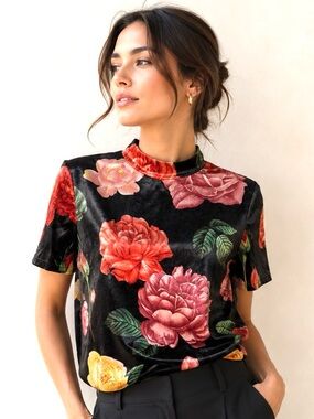 Zara Trafaluc Black Crushed Velvet Floral Rose Mock Neck Top Blouse - Size Small